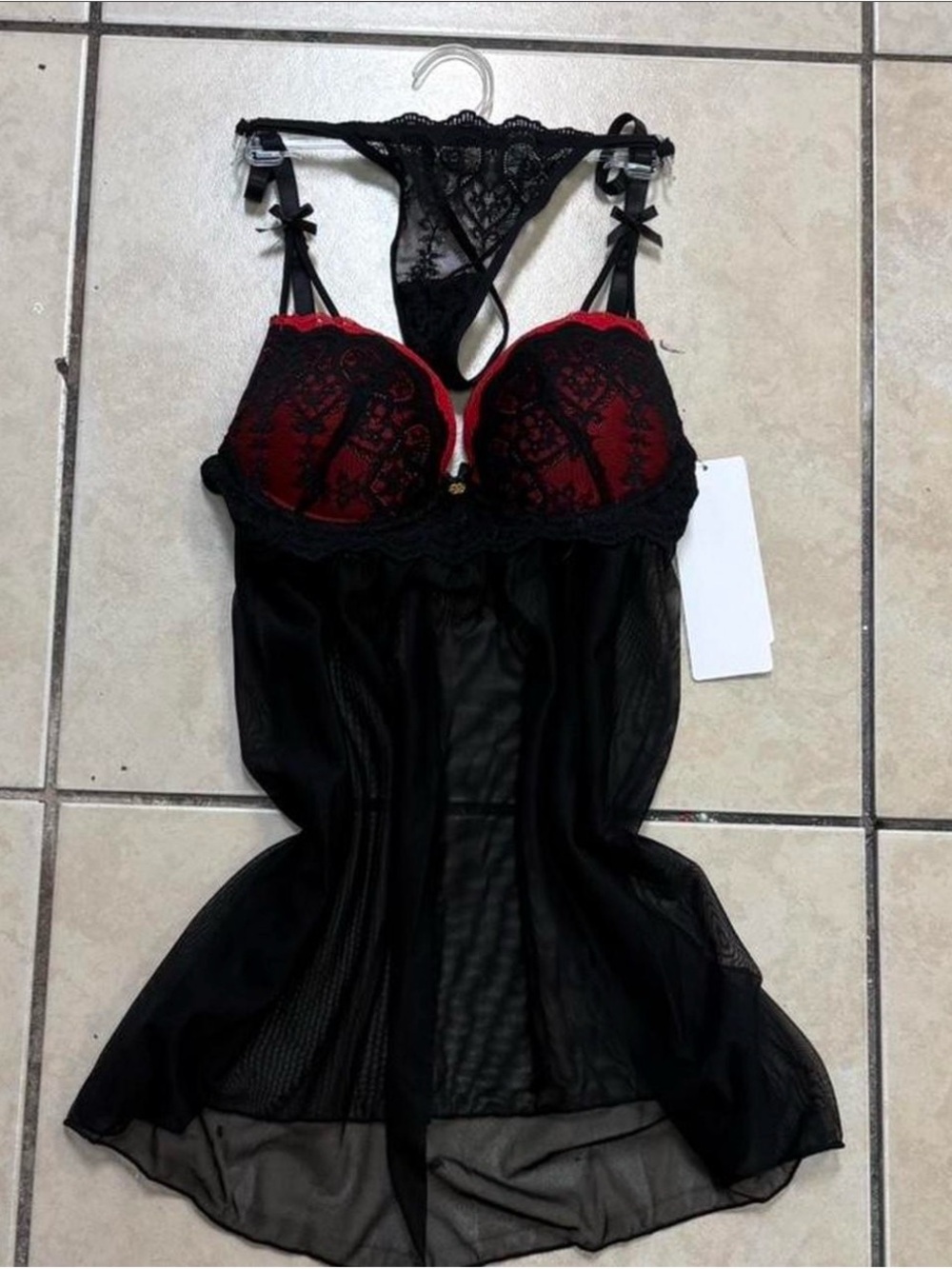 Black Sheer Chemise with Red Lace Cups